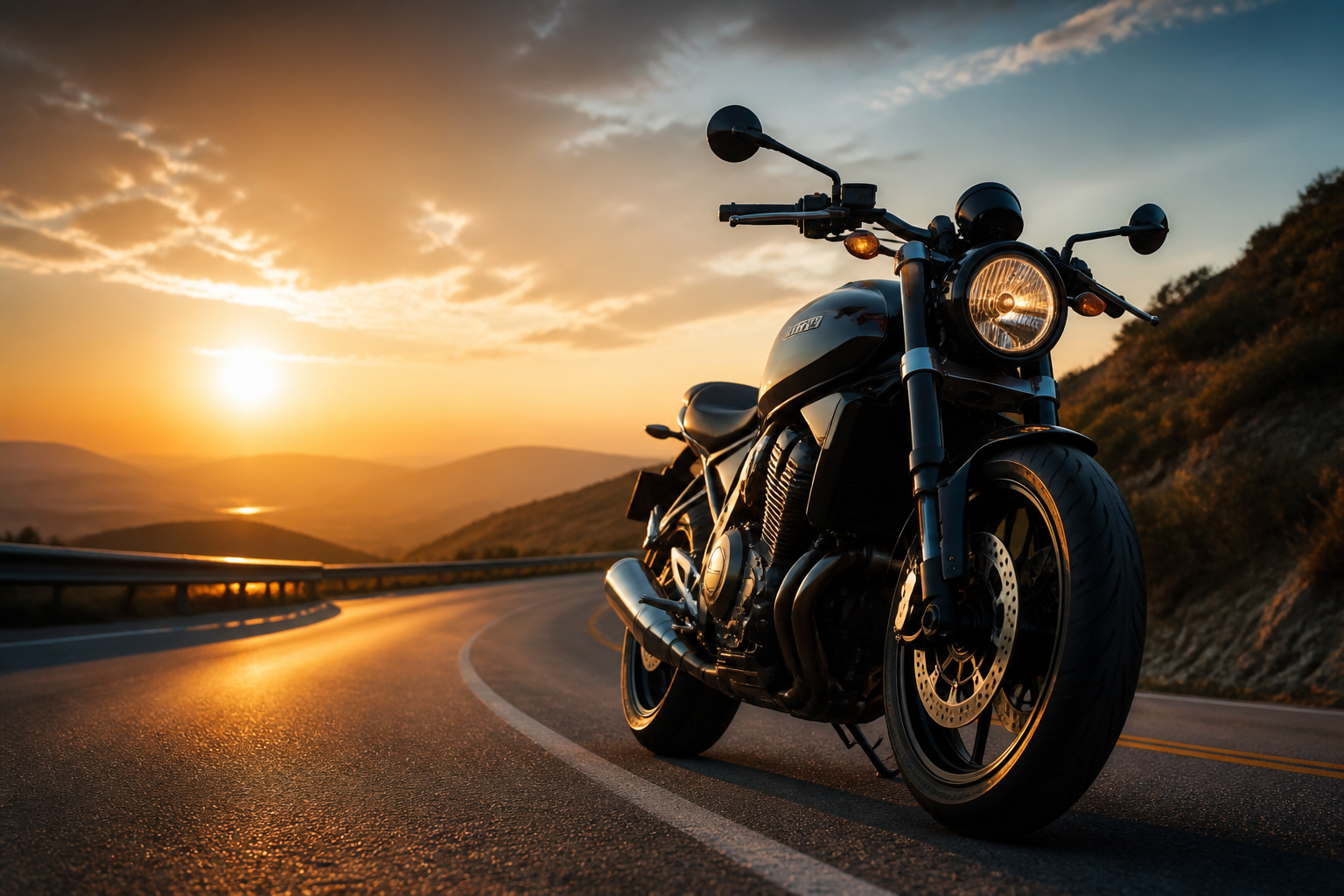 Motorcycle on an open road at soft daylight